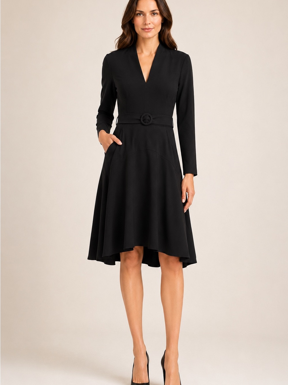Taylor Black V-Neck Long Sleeve Midi Dress with Belt